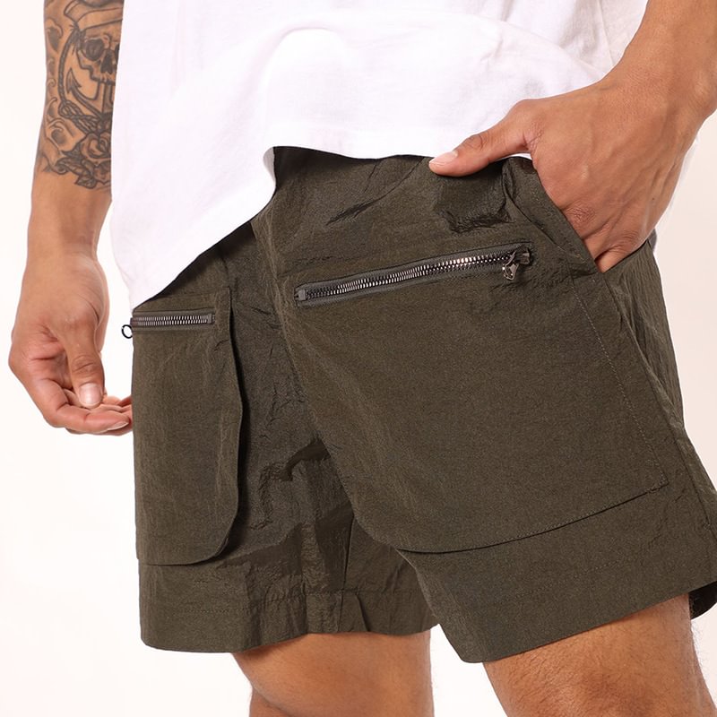 Casual Solid Color Zipper Pocket Overalls Pants Men Shorts-VESSFUL
