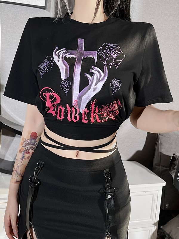 Goth Cross Graphic Printed Bandaged Crop Top