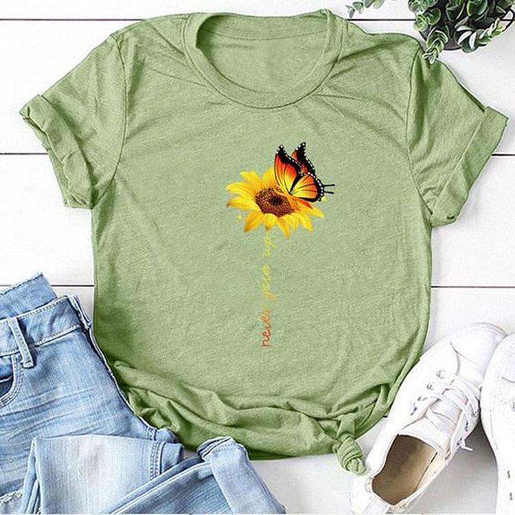 BrosWear Women's Butterfly Sunflower Flower Print T-Shirt