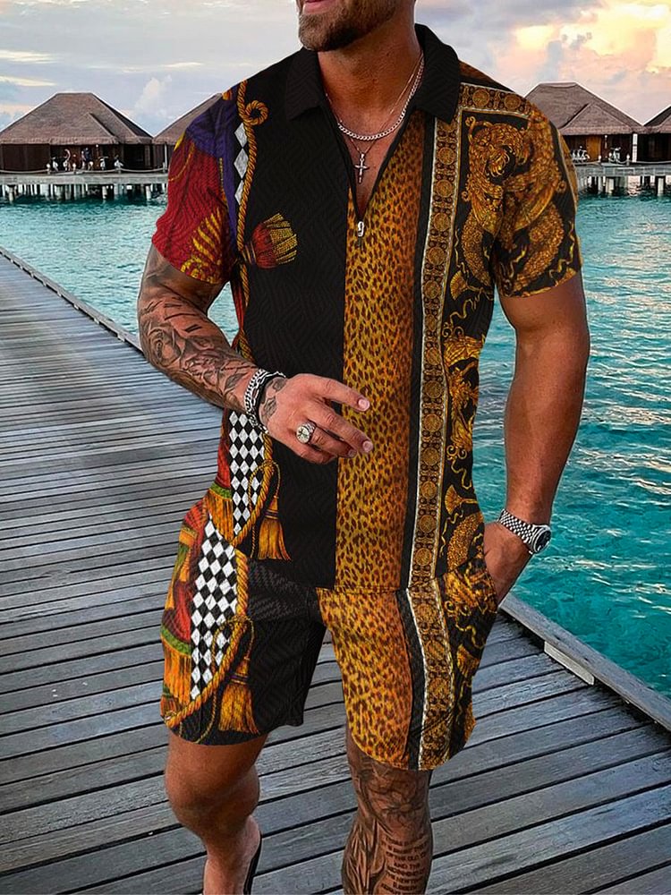 Men's Seaside Texture Leopard Print Polo Suit