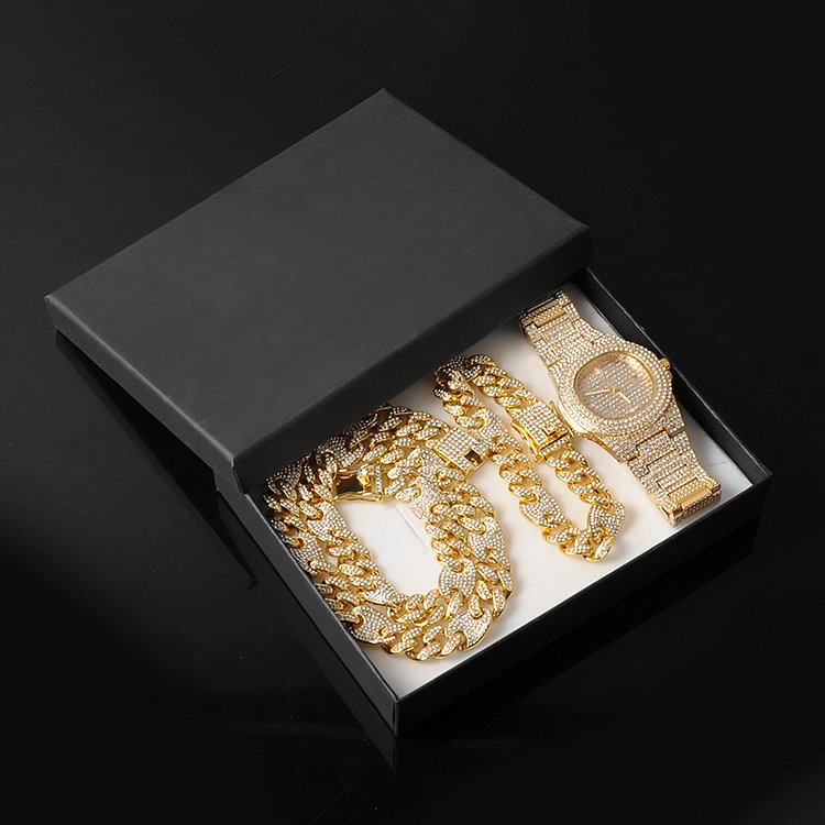 13MM 3pcs Hip Hop Watch+Bracelet+Coffee Bean Cuban Link Chain Iced Out Jewelry Set