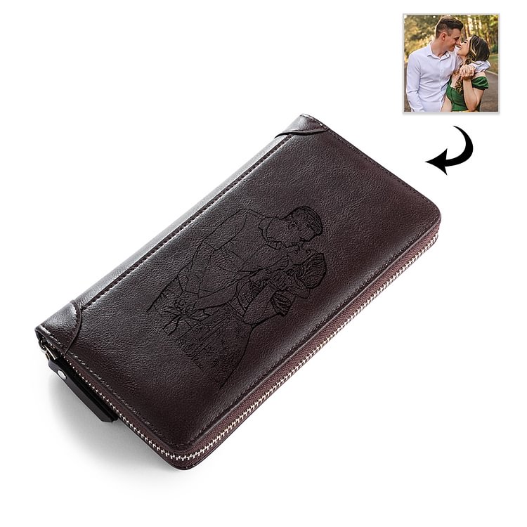 Men Long Style Personalised Leather Photo Wallet Engrave With Zipper