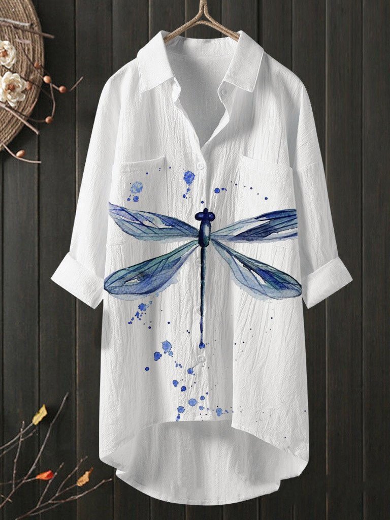 Temperament Dragonfly Printed Cotton Linen Shirt Loose Shirt Top