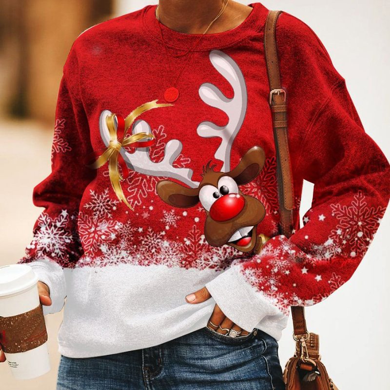 Cute Christmas Elk Snowflake Print Sweatshirt