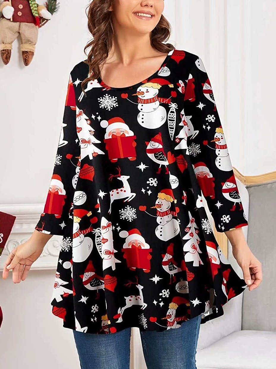 Womens Merry Christmas Snowman Pattern Print And Plaid 3/4 Sleeve Top