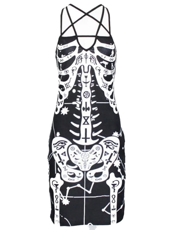 Cross Straps Skull Printed Bodycon Dress