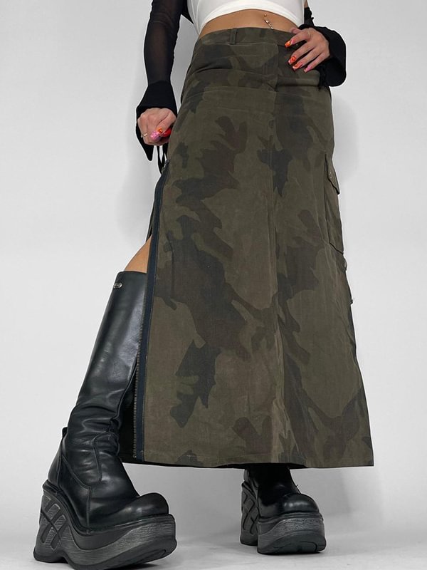 Statement Camouflage Side Zipper Buckle Pockets Skirt