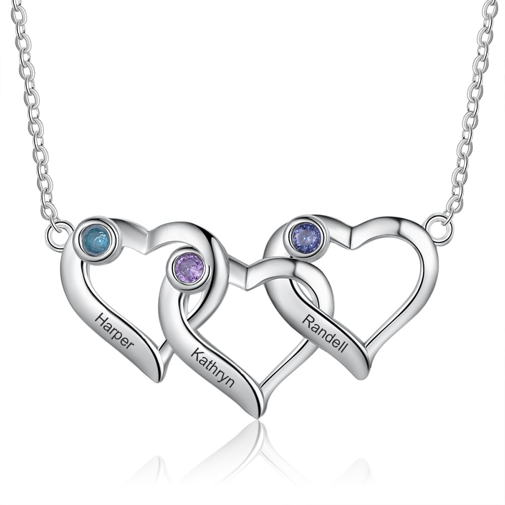 Personalized Heart Shaped Necklace，Engraved with 3 Birthstones and 3 Name