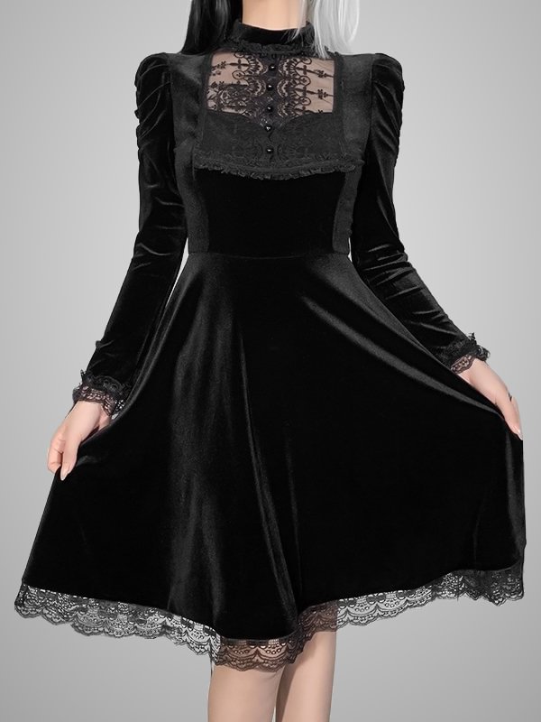 Gothic Dark Cool Statement Velvet Lace Paneled Buttoned Long Balloon Sleeve Tight Waist Dress
