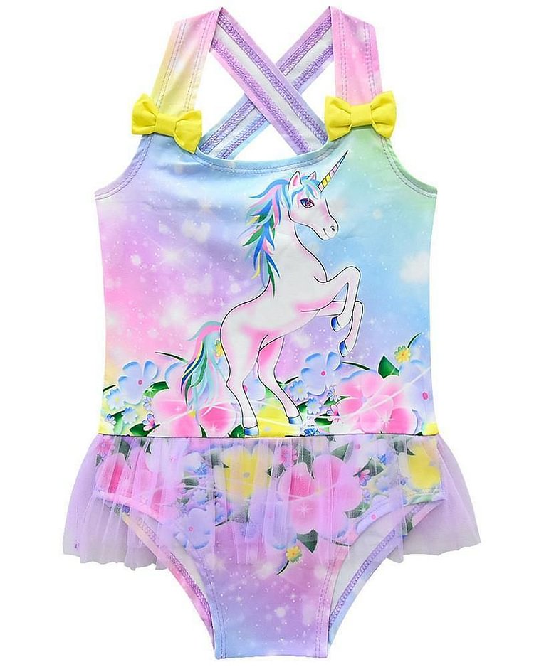 Purple Unicorn Floral Print 3-9 Years Girls Skirted One Piece Swimsuit-Mayoulove