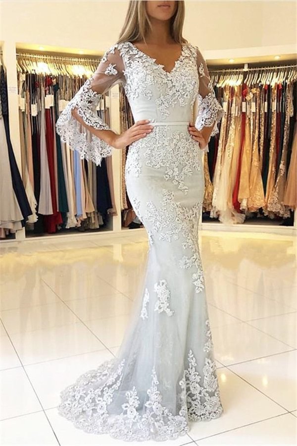 Luluslly Half Sleeves Lace Appliques Mermaid Evening Dress Long