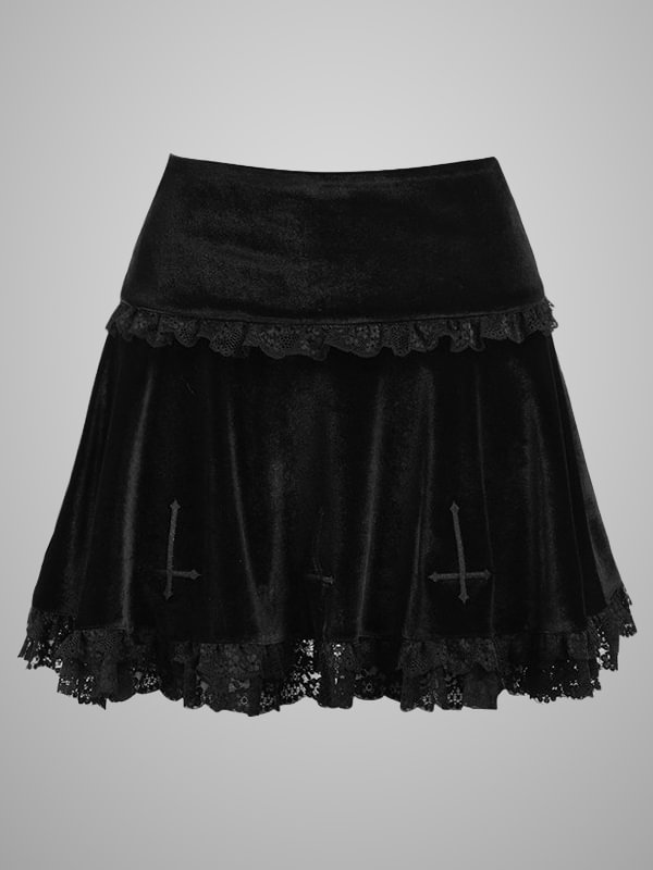 Goth Lace Cross Embroidery Ruched High Waist Skirts