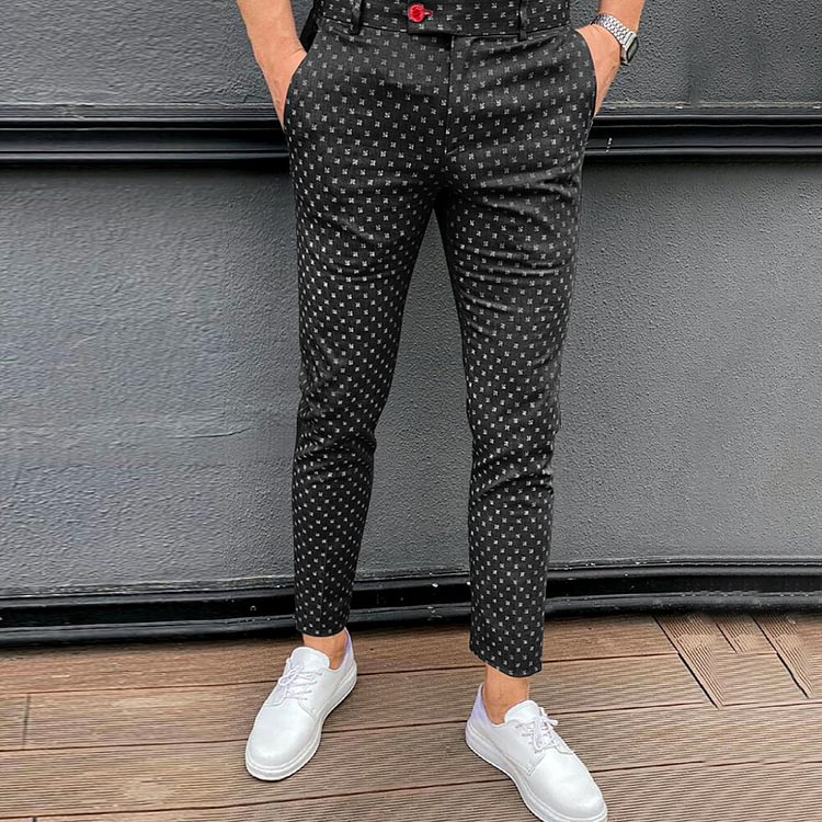 BrosWear Men's Fashion Polka Dots Printed Casual Pants Black