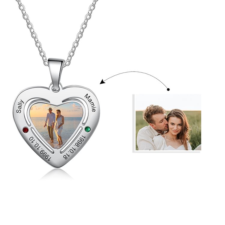 Custom Picture Necklace Heart Pendant With 2 Birthstone Personalized Gift, Custom Necklace with Picture and Text