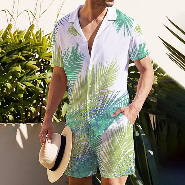 BrosWear Hawaiian Leaf Print Shirt Beach Set