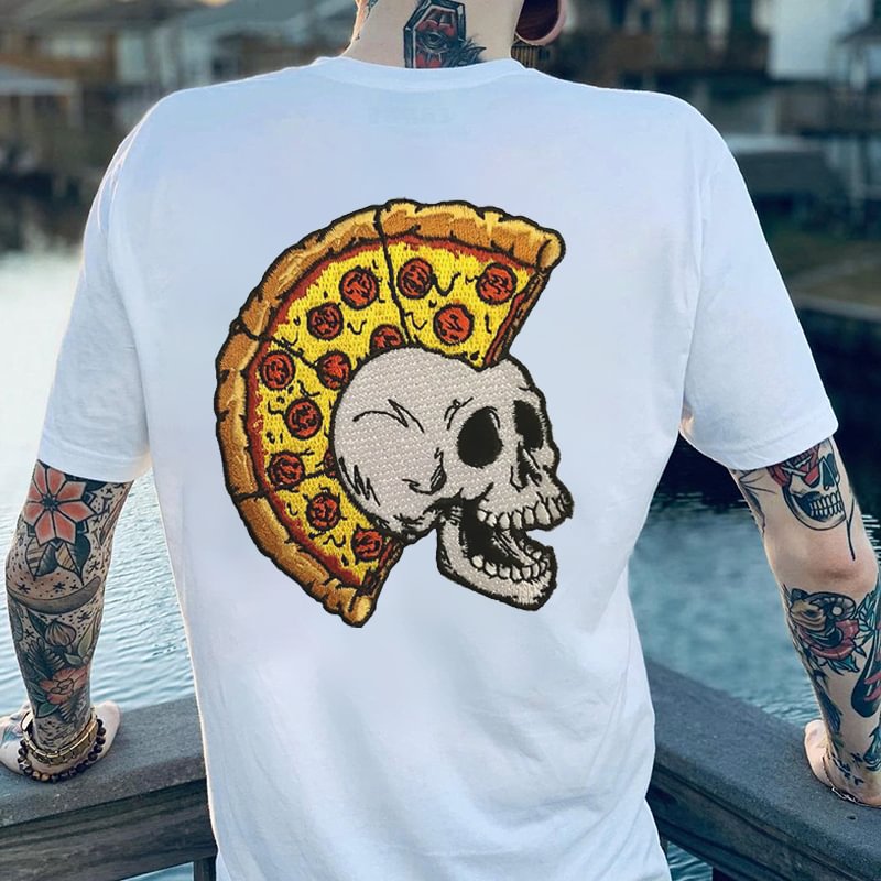 Cloeinc  Pizza And Skull Funny Printed Men's T-shirt - Cloeinc