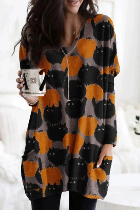 Printed Halloween Pumpkin Cat Long-Sleeved Dress