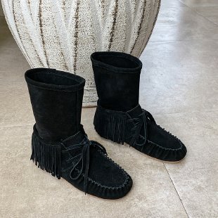 Women's lace-up suede fringed boots - vzzhome