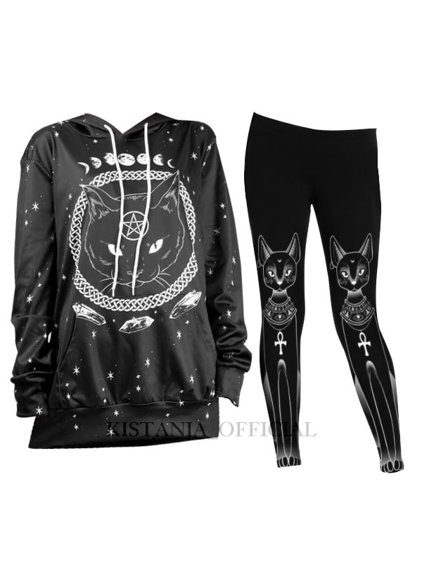 The Cat From Hell Oversized Hoodie + Printed Cat with Long Ears Leggings 2 Pieces Sets