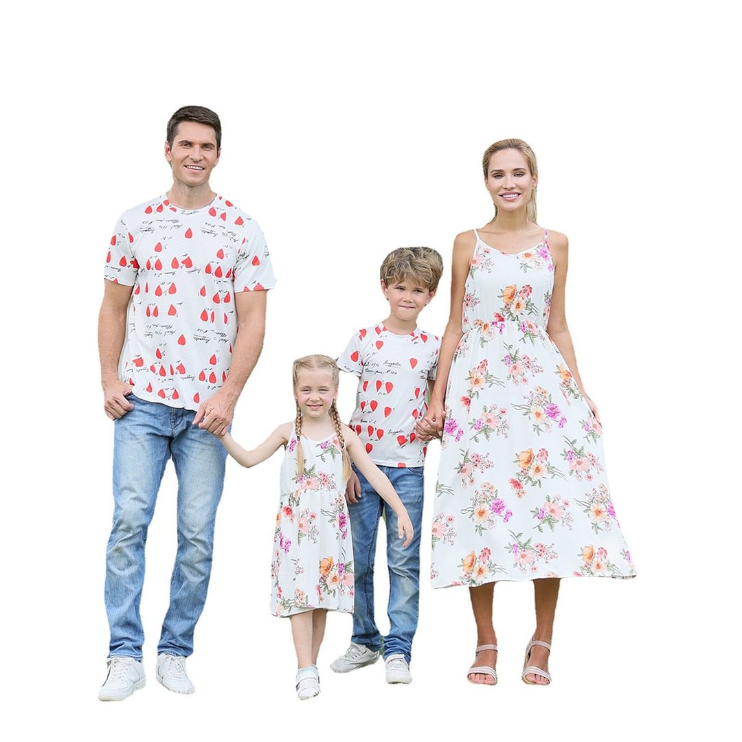 Floral Print Family Matching Tops(Sling Dresses for Mom and Girl-Raglan Sleeves T-shirts for Dad and Boy)TM001 - vzzhome