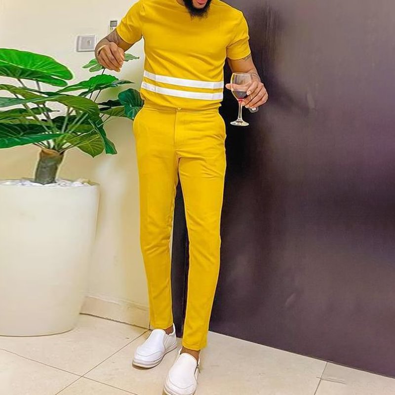 Tiboyz Fashion Men's Short-Sleeved Line Printed Casual Set Yellow