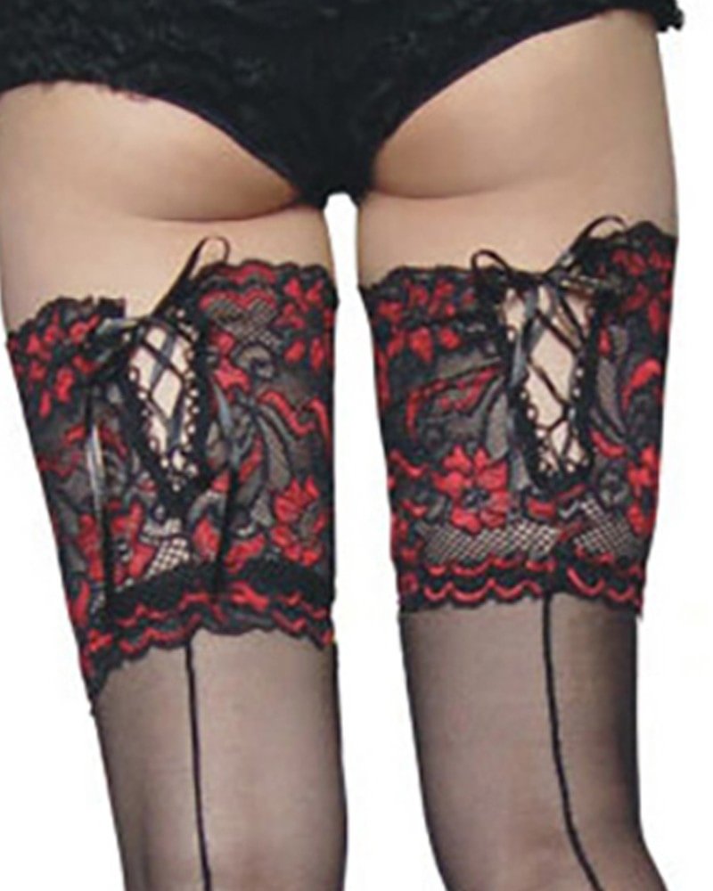 Floral Embroidery Lace-up Mesh Striped Stockings-Icossi