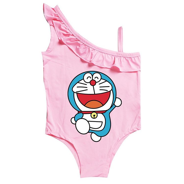 Mayoulove Doraemon Print Little Girls Pink Ruffle Shoulder One Piece Swimsuit-Mayoulove