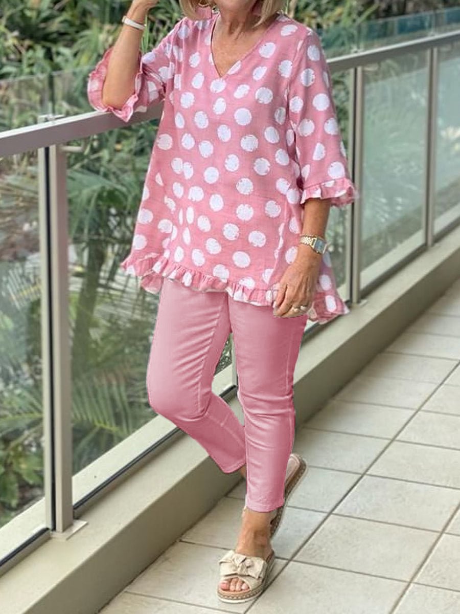 Casual V Neck Polka Dots Printed Two-Piece Set
