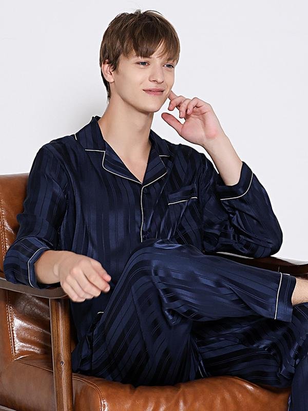 Luxury Long Sleeves Stripes Print Men's Silk Pajamas