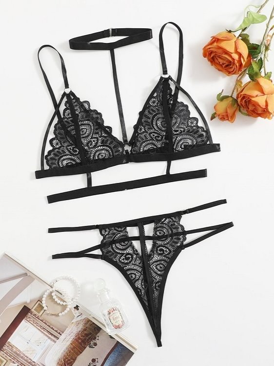 Floral Lace Harness Lingerie Set-Icossi