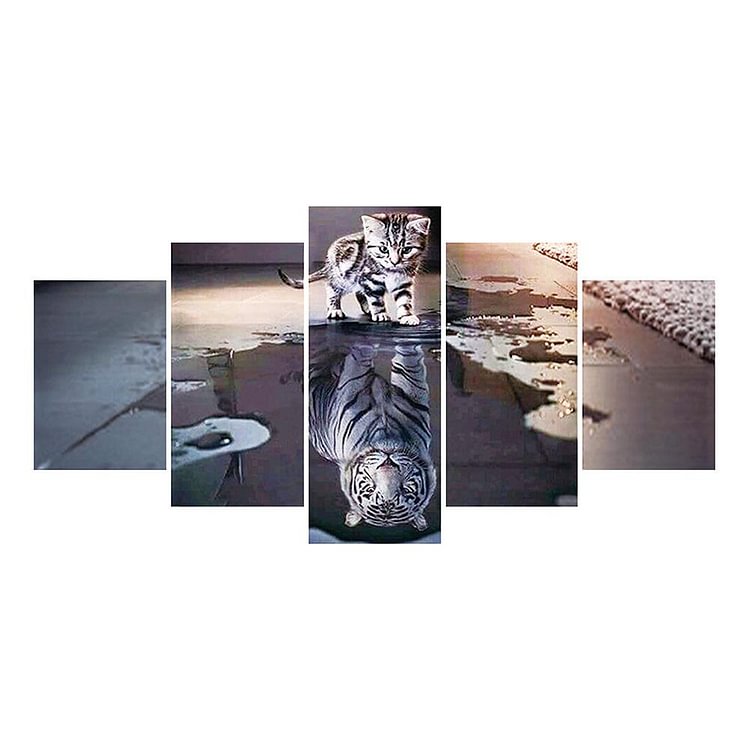 Reflection Cat 5-picture Round Full Drill Diamond Painting 95X45CM(Canvas)-gbfke