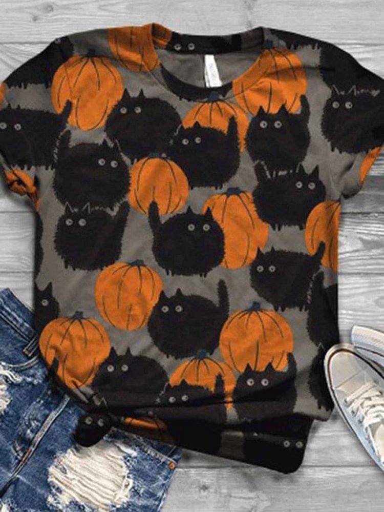 Cute cat pumpkin print round neck short sleeve loose T-shirt