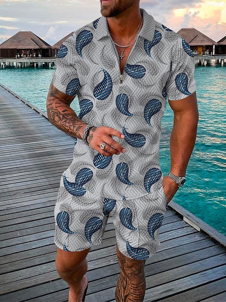 Men's Seaside Abstract Leaf Printed Polo Suit