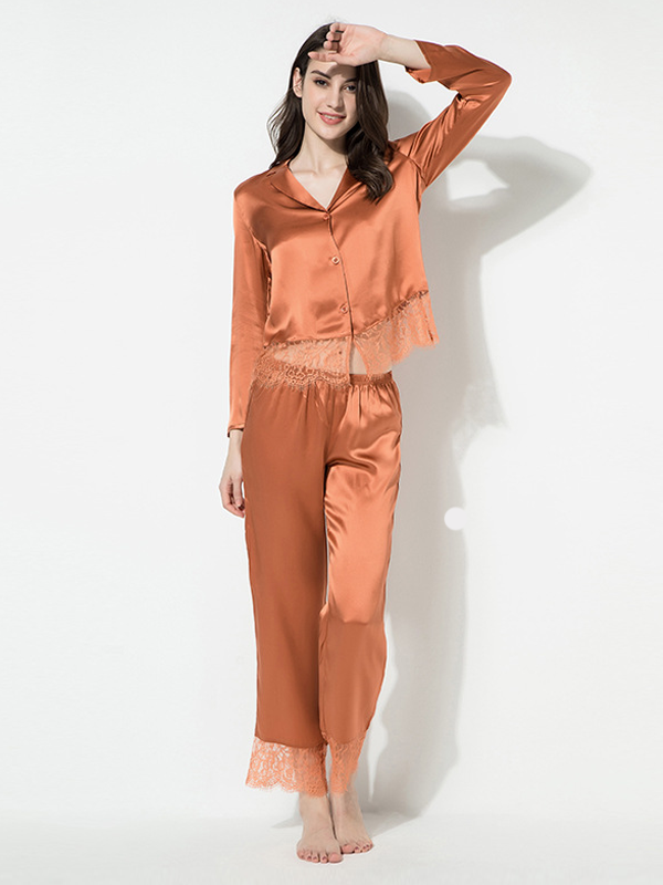 19 Momme Orange Lace Silk Pajamas Set