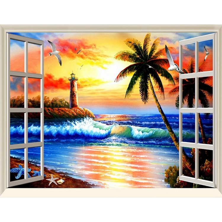 Sunset Window Beach - Round Drill Diamond Painting - 40*30CM