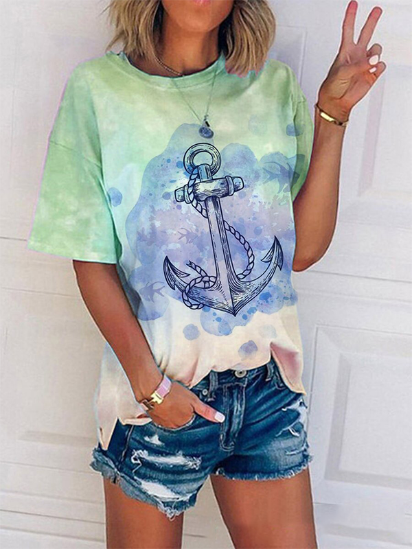 Loose Round Neck Short-sleeved Anchor Print T-shirt-Mayoulove