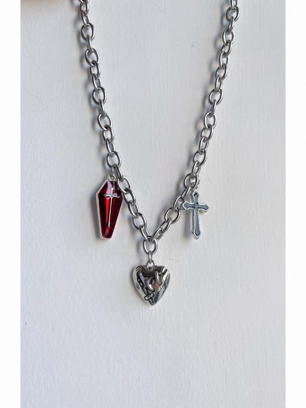 Goth Silver Choker with Heart & Tomb & Cross Pendants