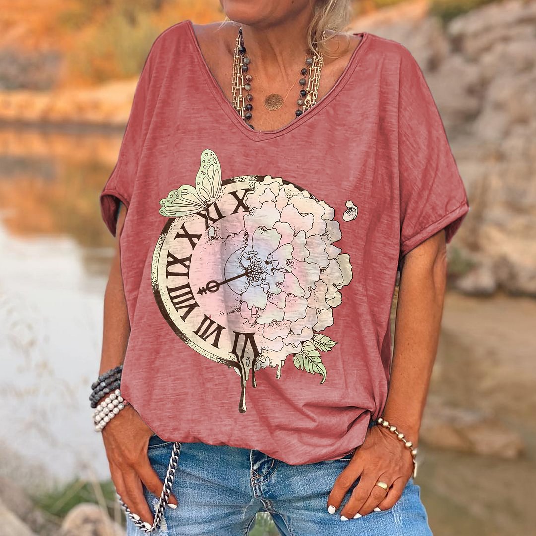 Floral Butterfly Clock Printed Hippie T-shirt