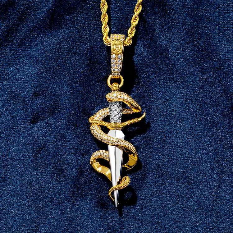 Iced Out Dagger and Snake Pendant Necklace