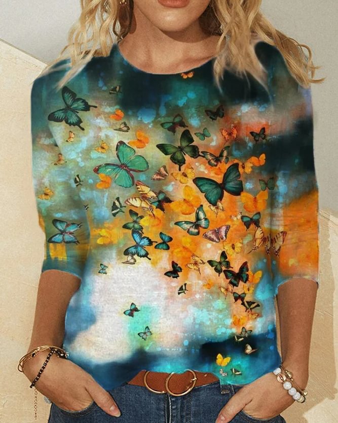 Crew Neck Casual Butterfly Shirts & Tops