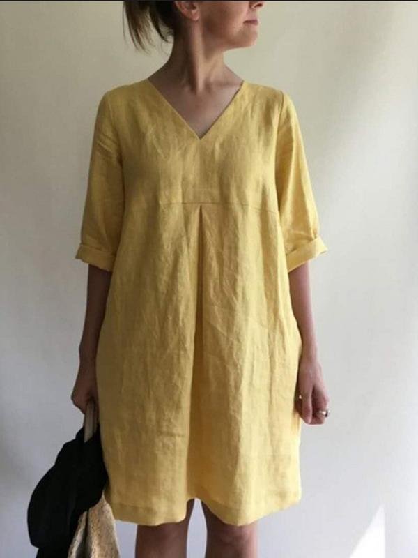Women's V-neck Solid Color Cotton And Linen Loose Dress-Mayoulove