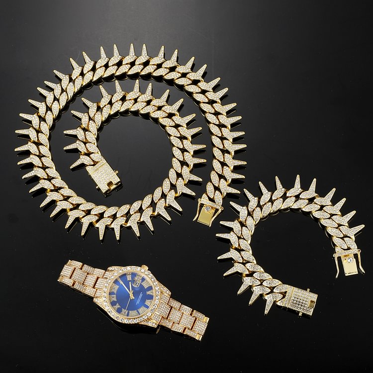 25MM 3pcs Hip Hop Watch+Thorns Cuban Chain+Bracelet Iced Out Jewelry Set