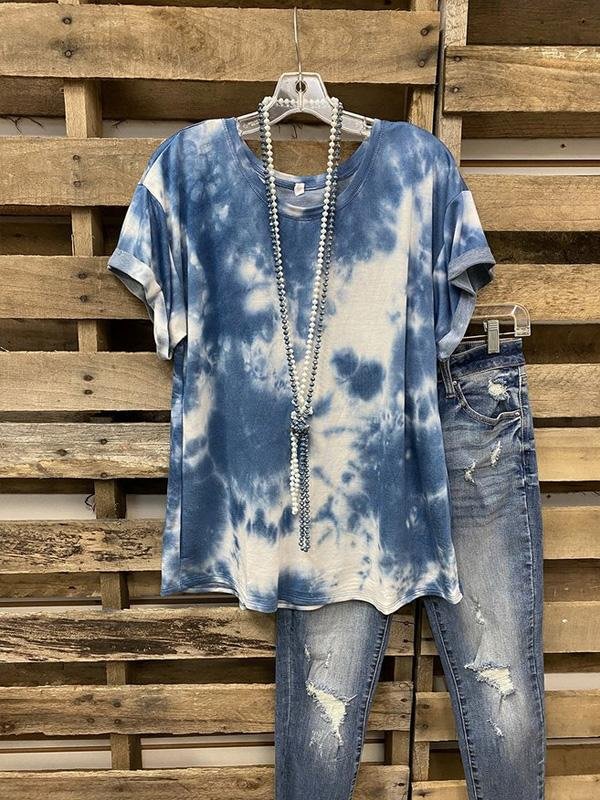 Blue Ombre/tie-Dye Cotton Casual Shirts & Tops-Mayoulove