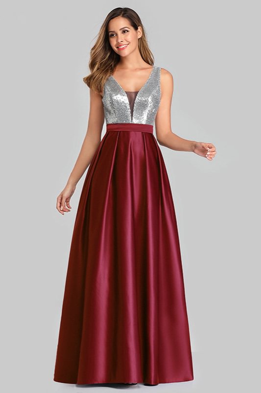 elegant burgundy v-neck sleeveless sequins prom dress