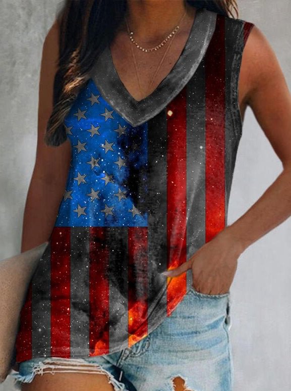 American Flag Star Sky Print Casual V-Neck Vest