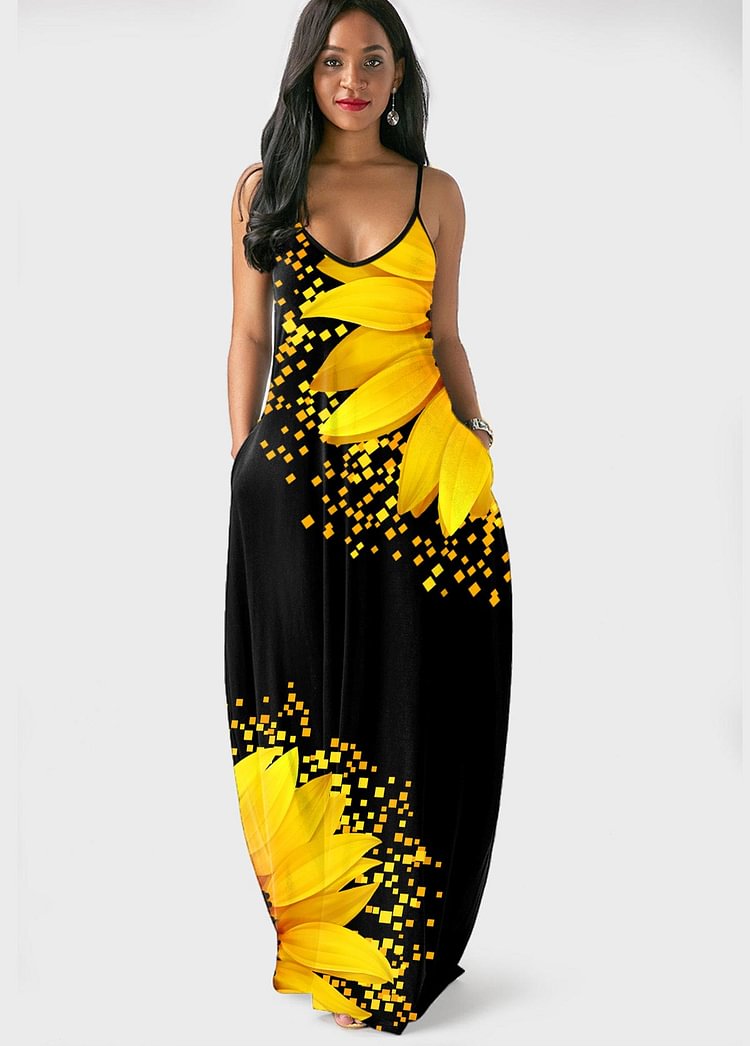Side Pocket Sunflower Print Spaghetti Strap Dress Maxi Dress For Women