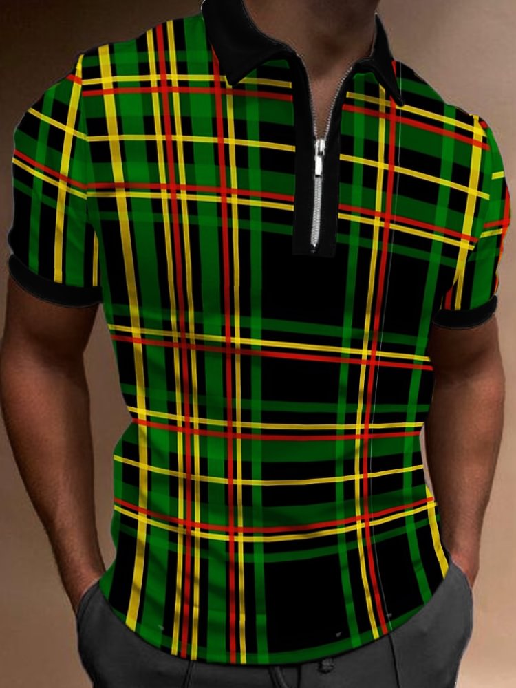 BrosWear Men's Black Pride Rasta Plaid Zip Up Polo Shirt