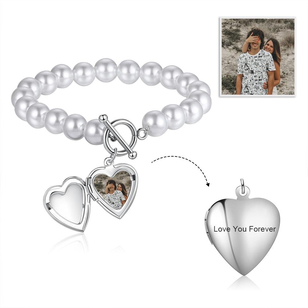 Pearl Photo Bracelet With Heart Locket Pendant Personalized Bracelets