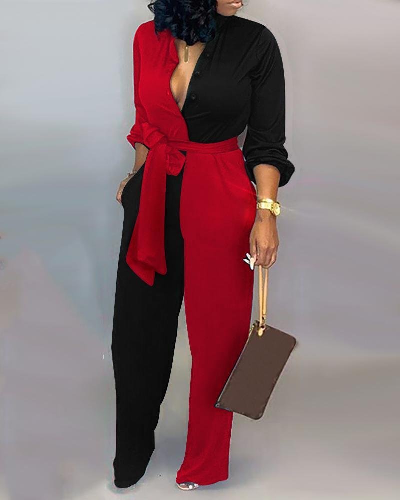 Colorblock Long Sleeve Knotted Jumpsuit P10958