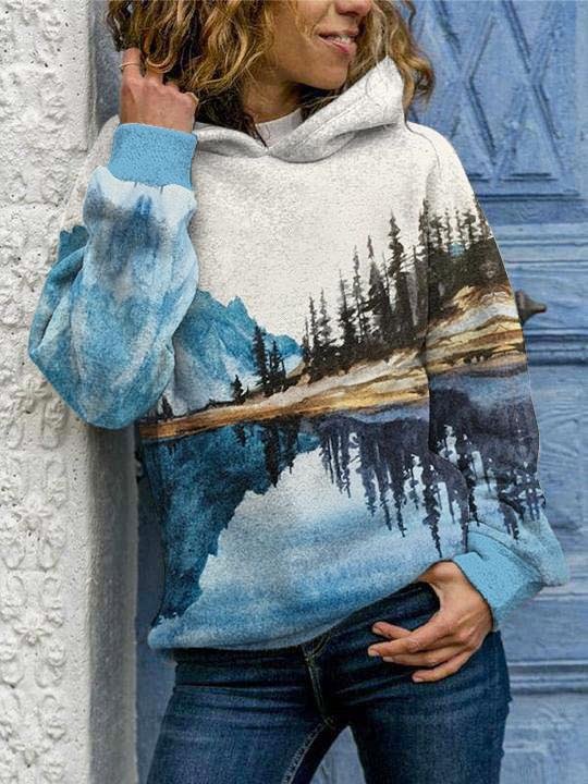 Women's Mountain Printed Round Neck Casual Hoodie Sweatshirt